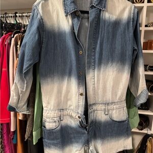 LITZ Women's Denim Romper S Blue White Ombré Button-Up Collared Pockets